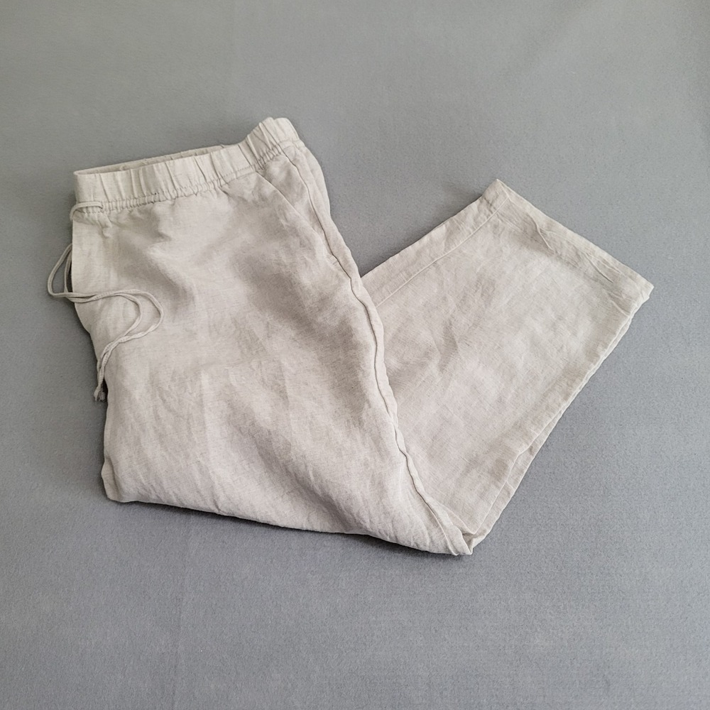 H & M Linen Blend Beige Wide Leg Pants Elastic Waist Women's XL Pockets Boho